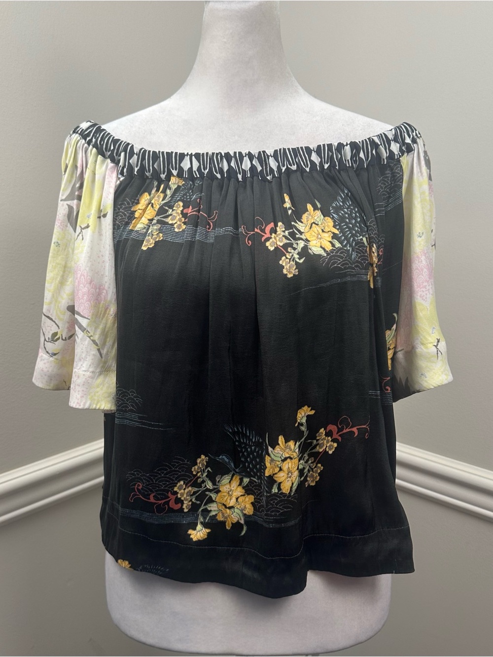 Free People Black Floral Off-Shoulder Blouse with multi colored Accents XS
